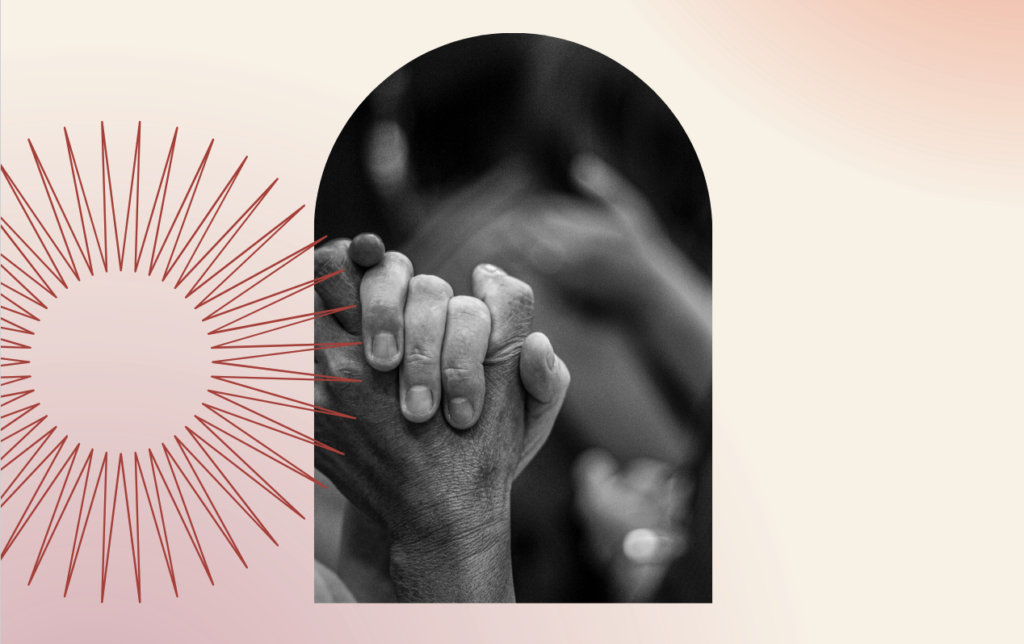 Illustration of a starry pattern overlaid on a photograph of praying hands cropped inside an arch.